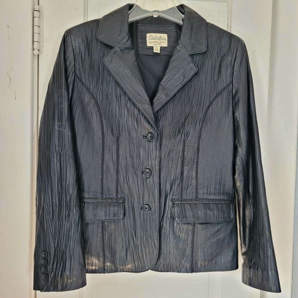 Cabela's Women's Black Leather Jacket Blazer Size M Button Closure